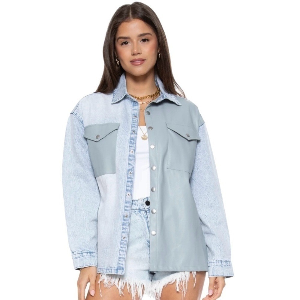 Mixed Media‎ Color Block Jacket Medium Faux Leather Denim Indie Eclectic Grunge